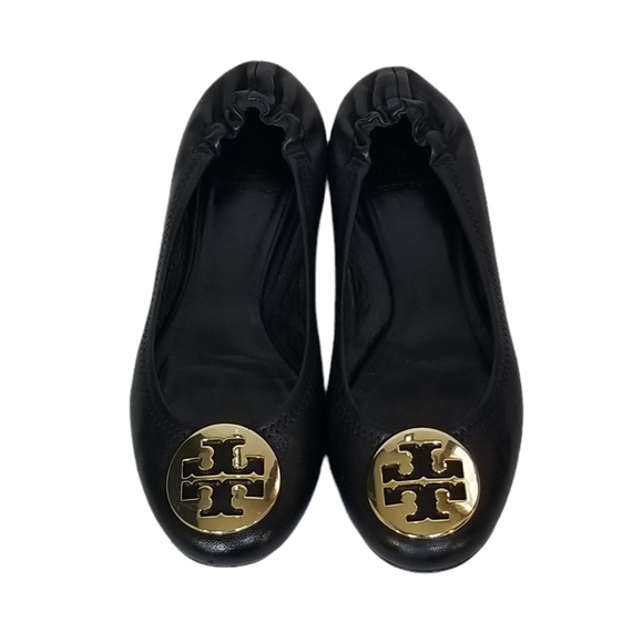 Tory Burch Reva Black Leather Ballet Ballerina Flats Gold Hardware Size 7.5 M - Picture 4 of 10